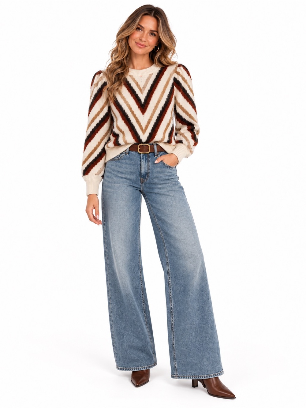 Evereve Chevron Striped Sweater Small Cream Brown Rust Puff Sleeve Retro Boho